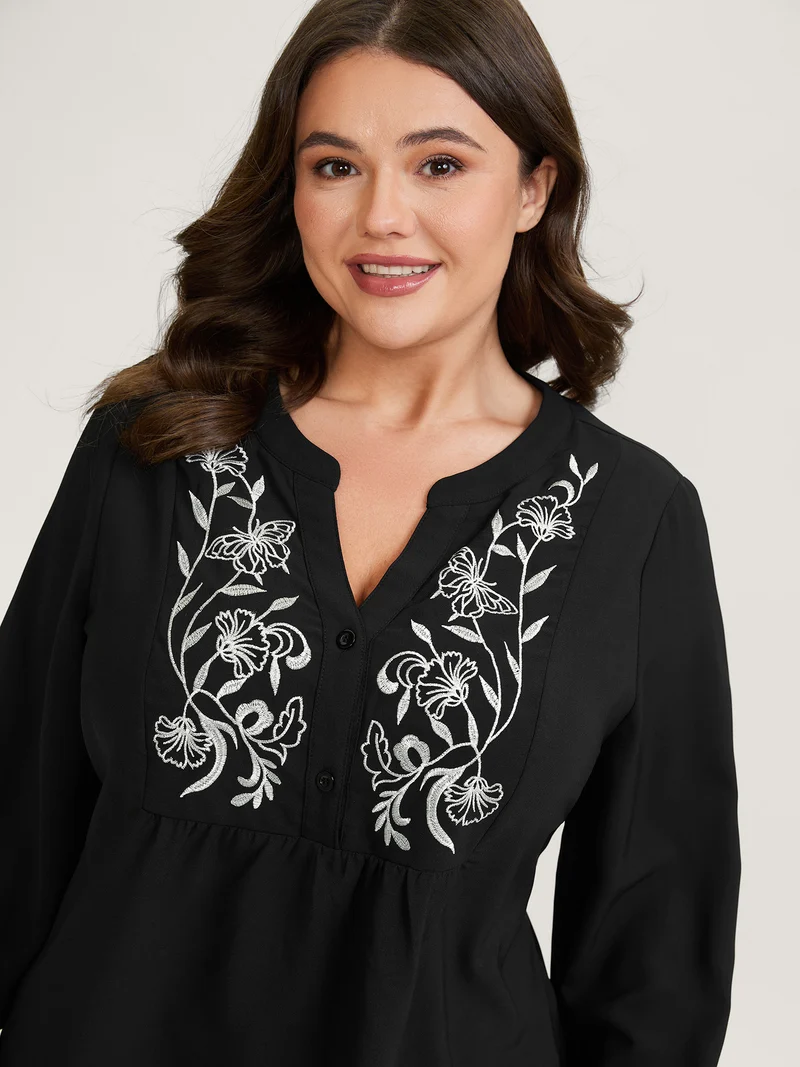 Color Contrast Embroidery Flared Blouse