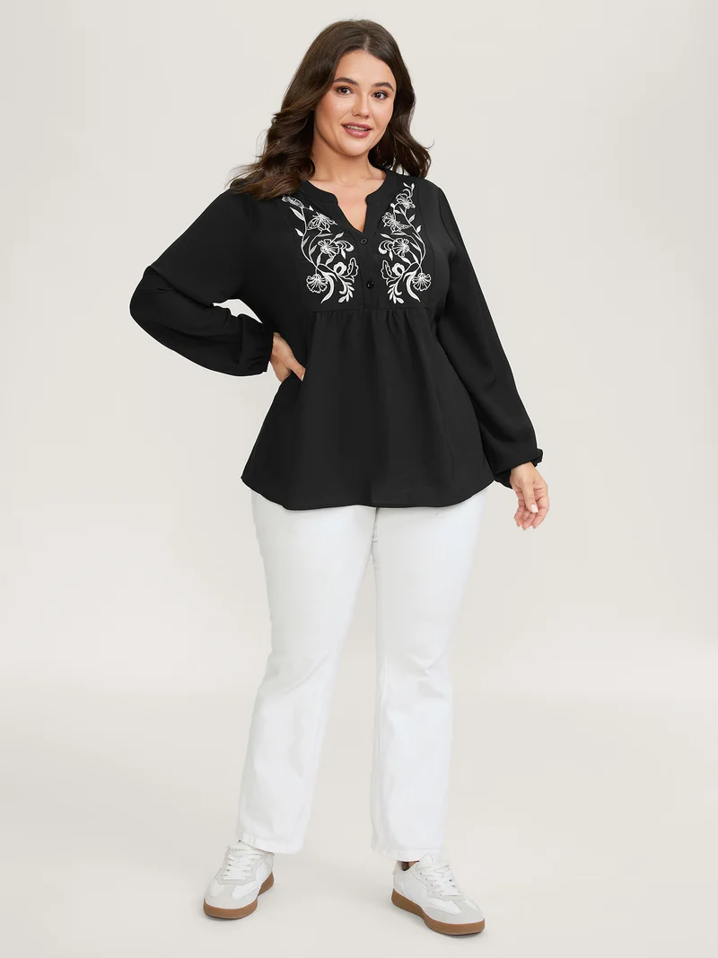 Color Contrast Embroidery Flared Blouse