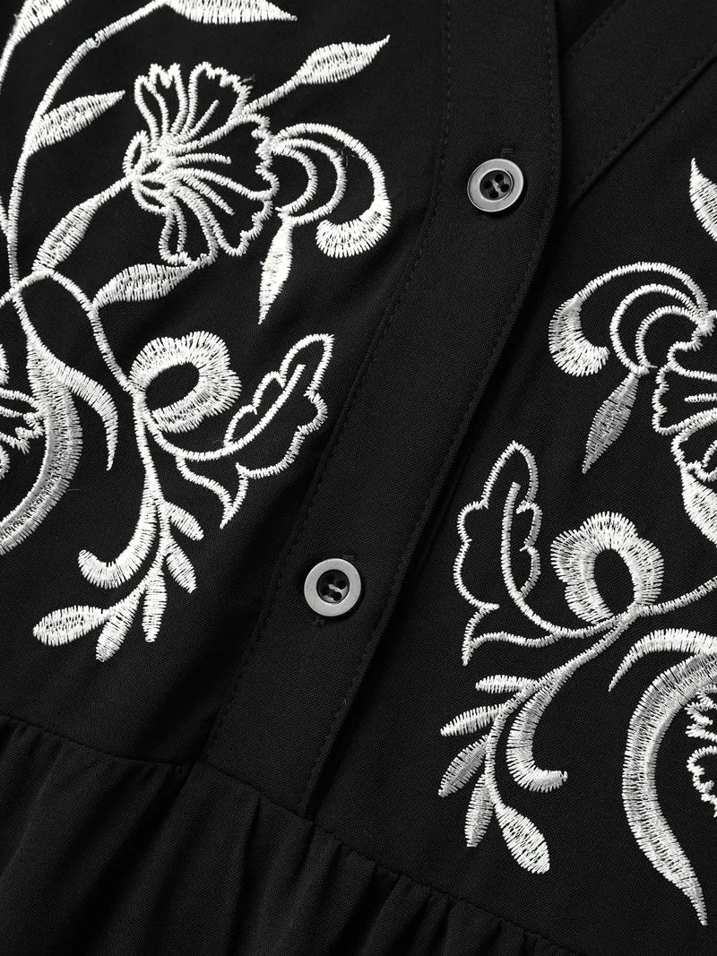 Color Contrast Embroidery Flared Blouse