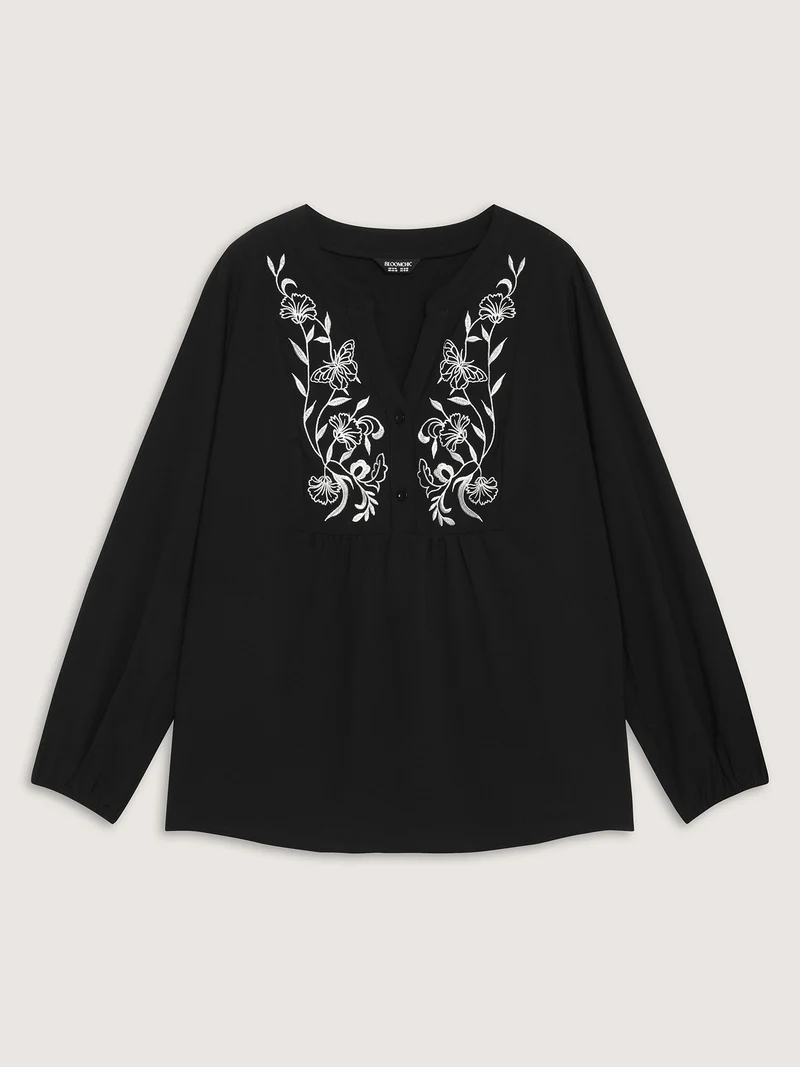 Color Contrast Embroidery Flared Blouse