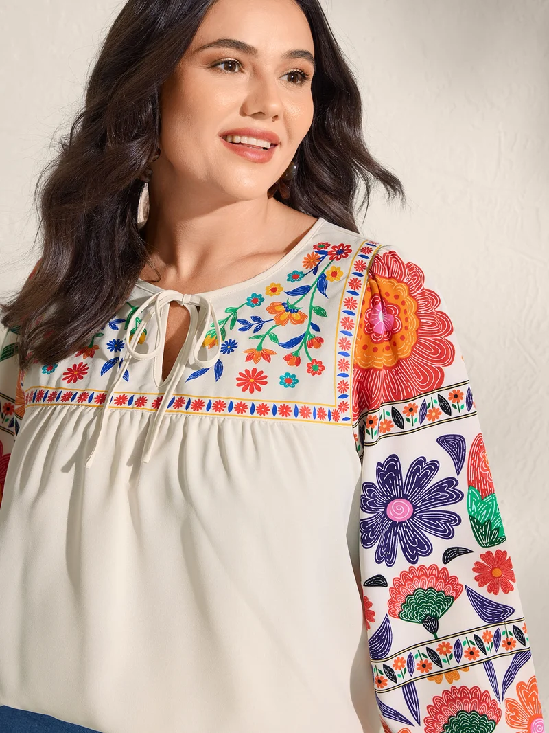 Floral Contrast Pleated Neck Tie Blouse
