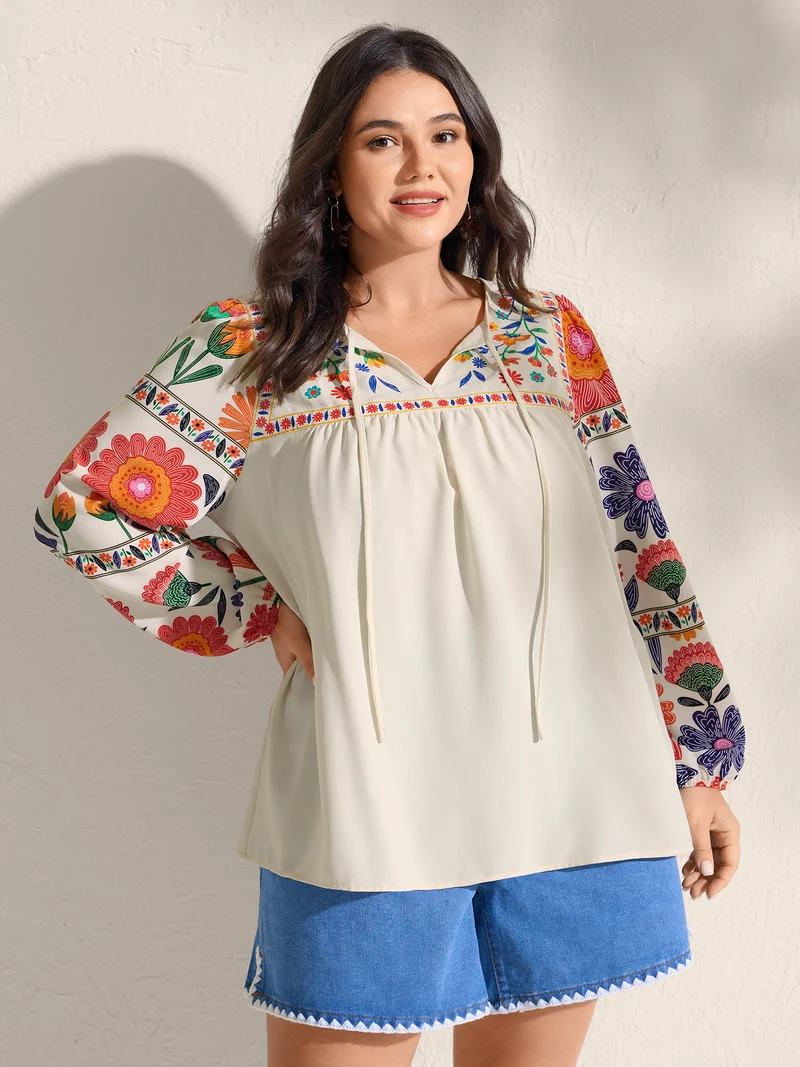 Floral Contrast Pleated Neck Tie Blouse