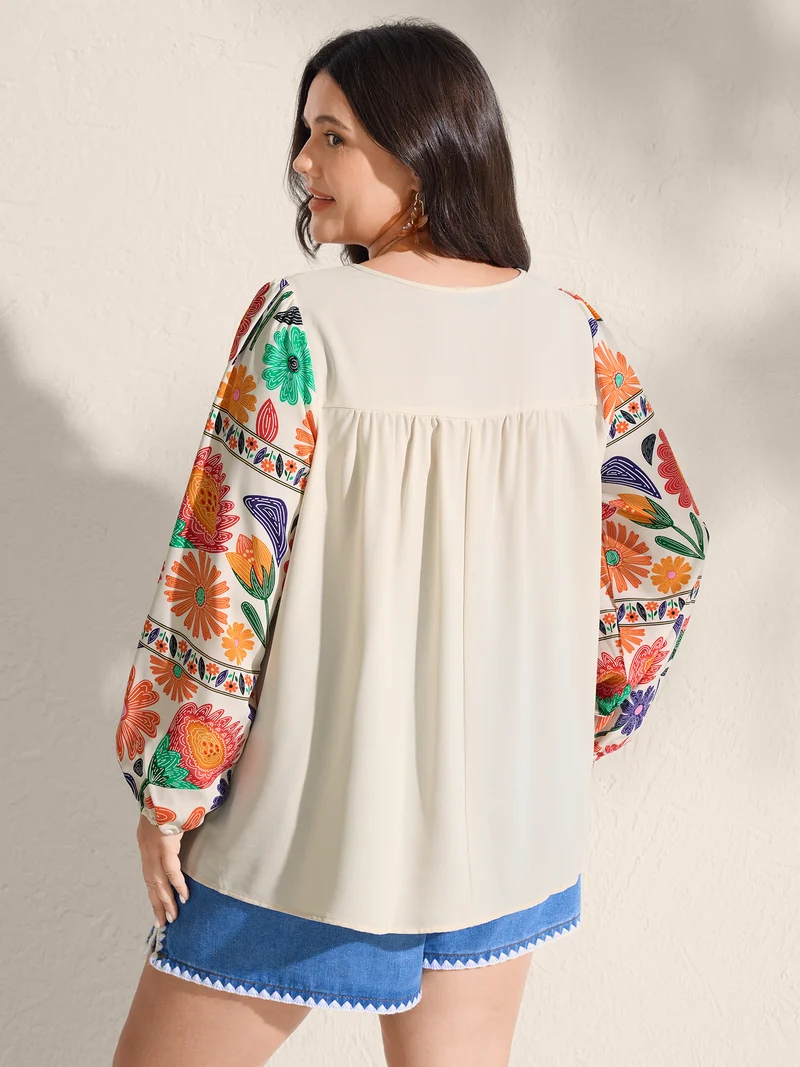 Floral Contrast Pleated Neck Tie Blouse