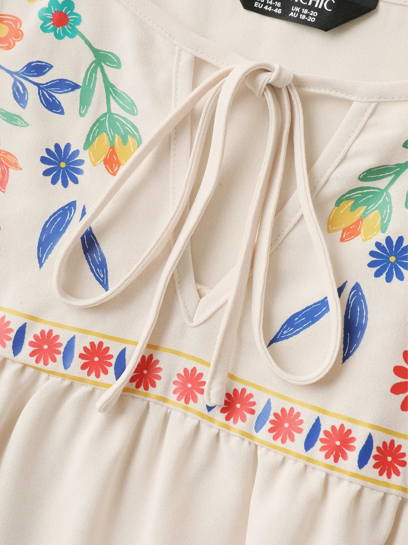Floral Contrast Pleated Neck Tie Blouse