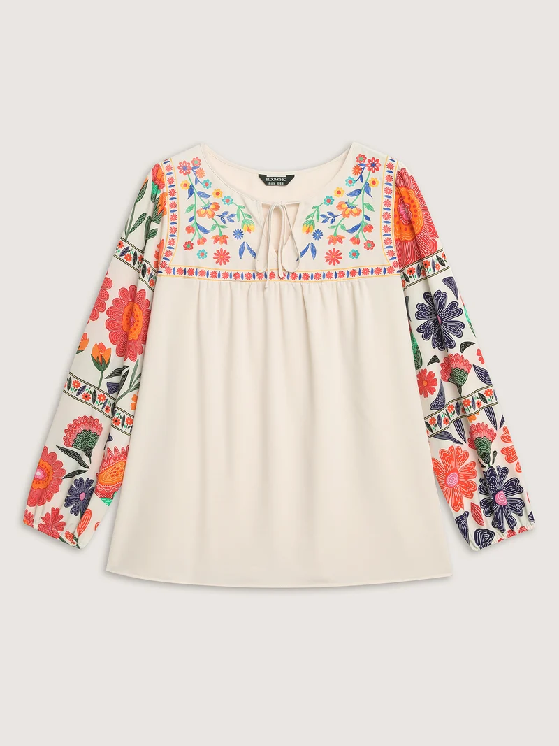 Floral Contrast Pleated Neck Tie Blouse