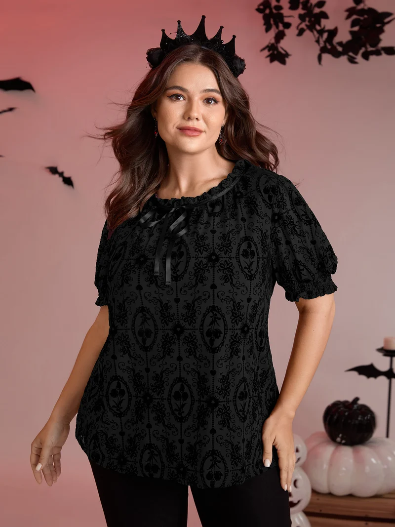 Flocked Texture Shirred Contrast Blouse