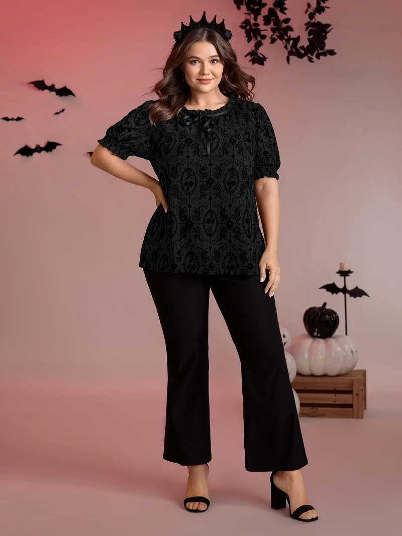 Flocked Texture Shirred Contrast Blouse