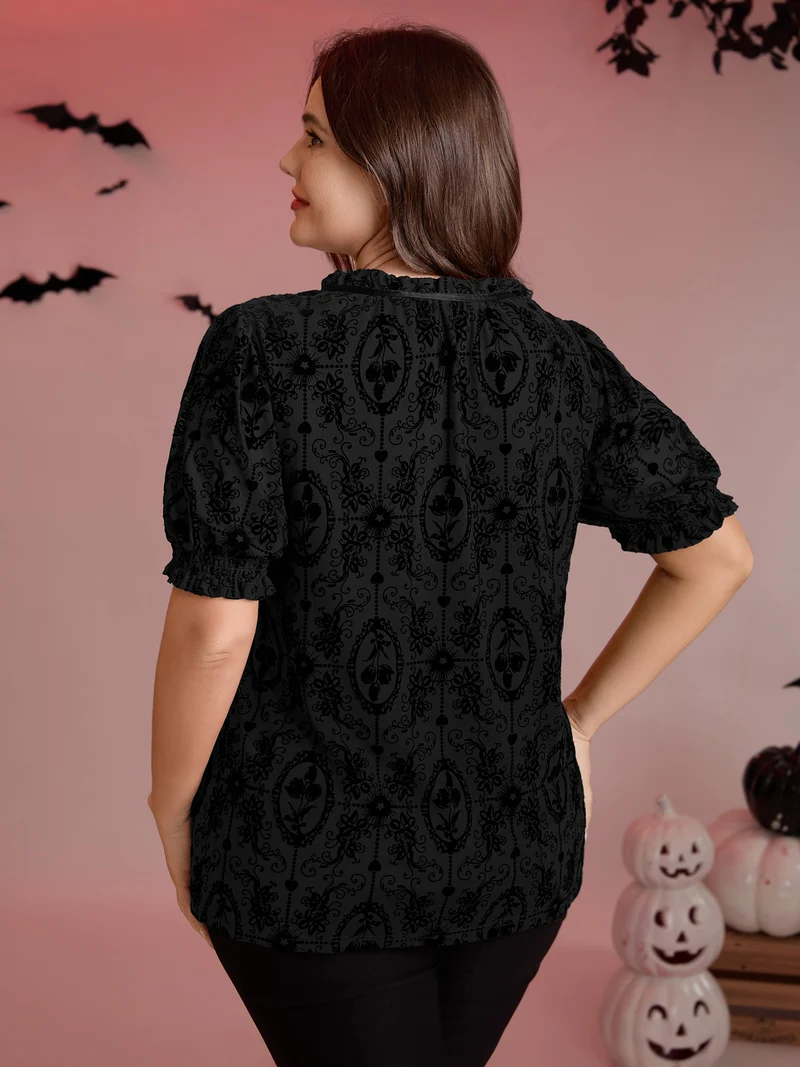 Flocked Texture Shirred Contrast Blouse