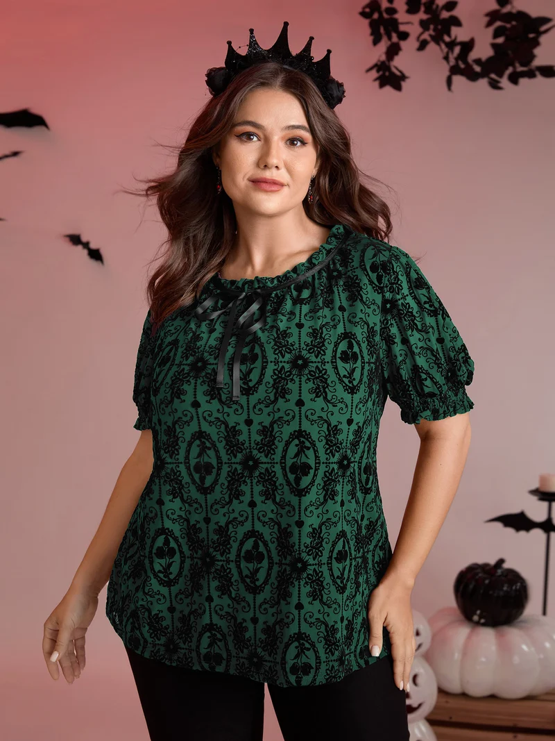 Flocked Texture Shirred Contrast Blouse