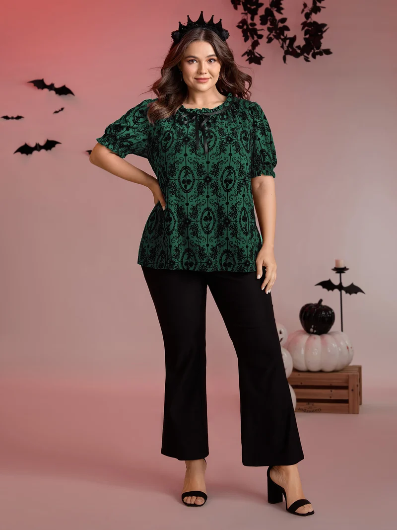 Flocked Texture Shirred Contrast Blouse
