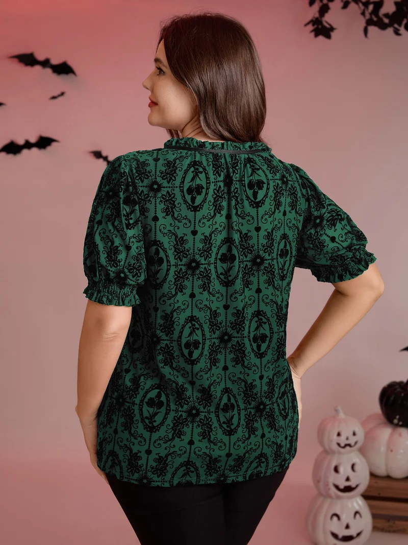 Flocked Texture Shirred Contrast Blouse