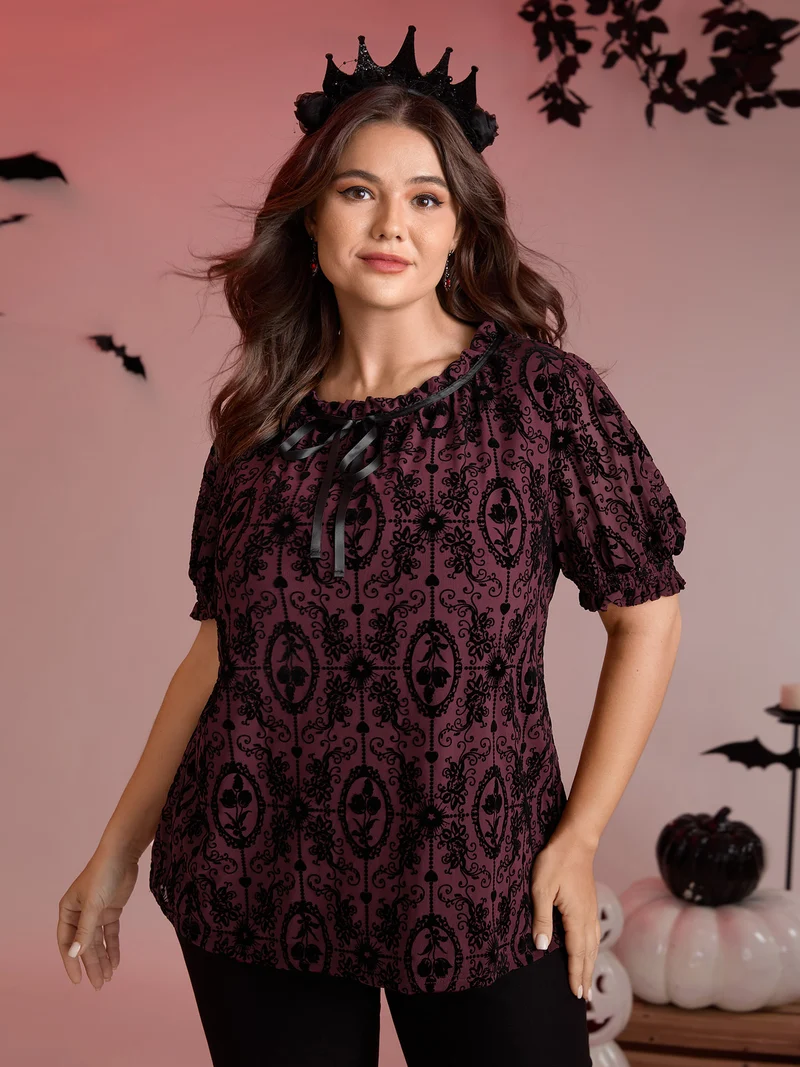 Flocked Texture Shirred Contrast Blouse
