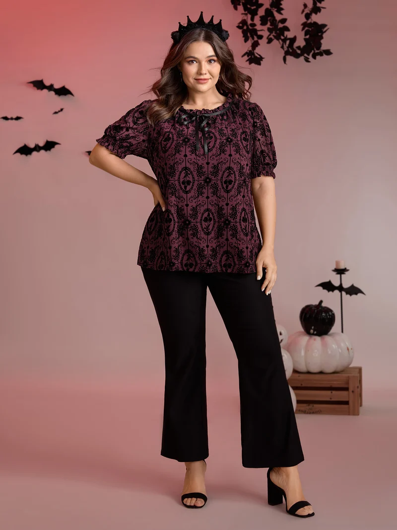Flocked Texture Shirred Contrast Blouse