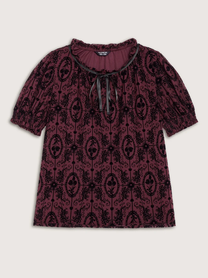 Flocked Texture Shirred Contrast Blouse