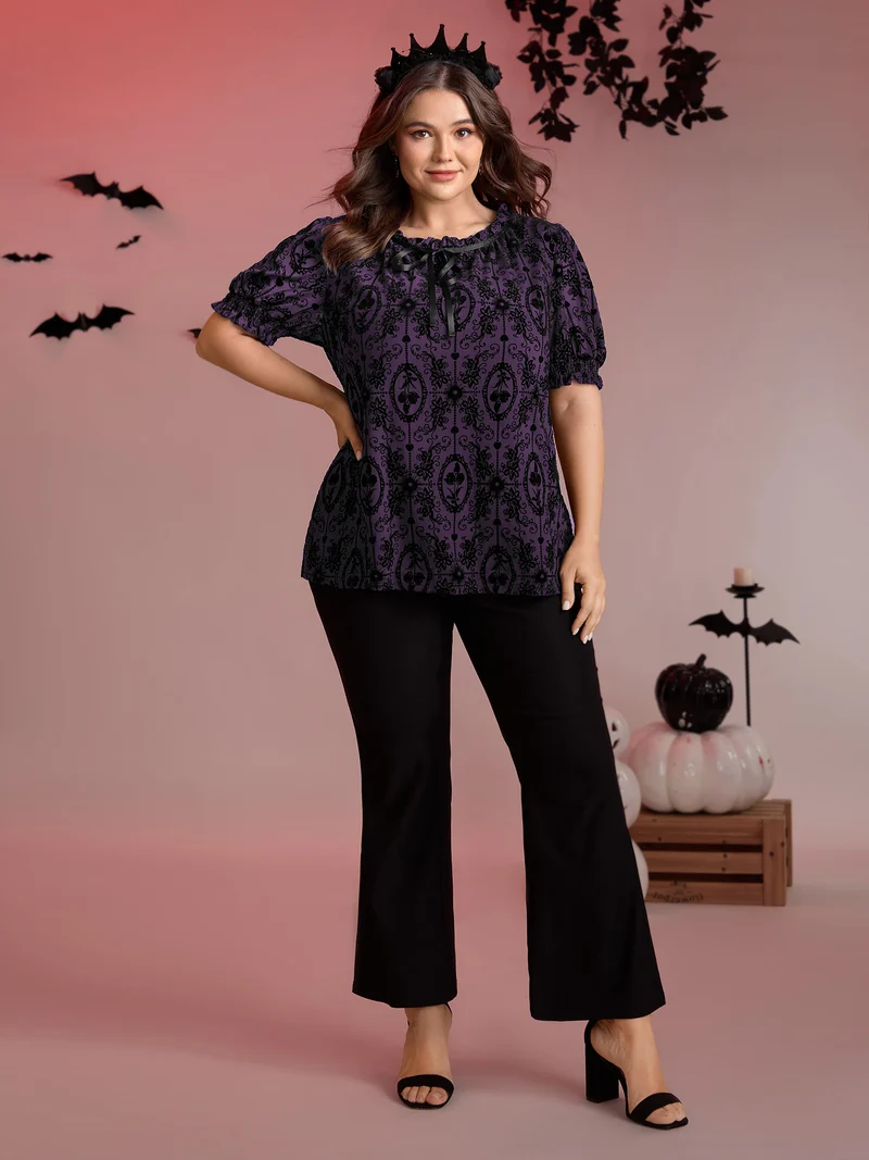 Flocked Texture Shirred Contrast Blouse