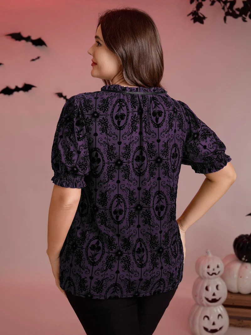 Flocked Texture Shirred Contrast Blouse