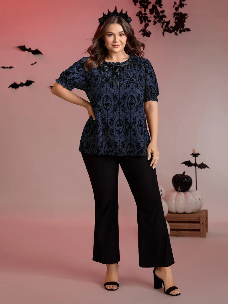 Flocked Texture Shirred Contrast Blouse