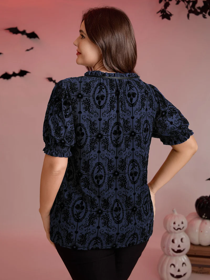 Flocked Texture Shirred Contrast Blouse
