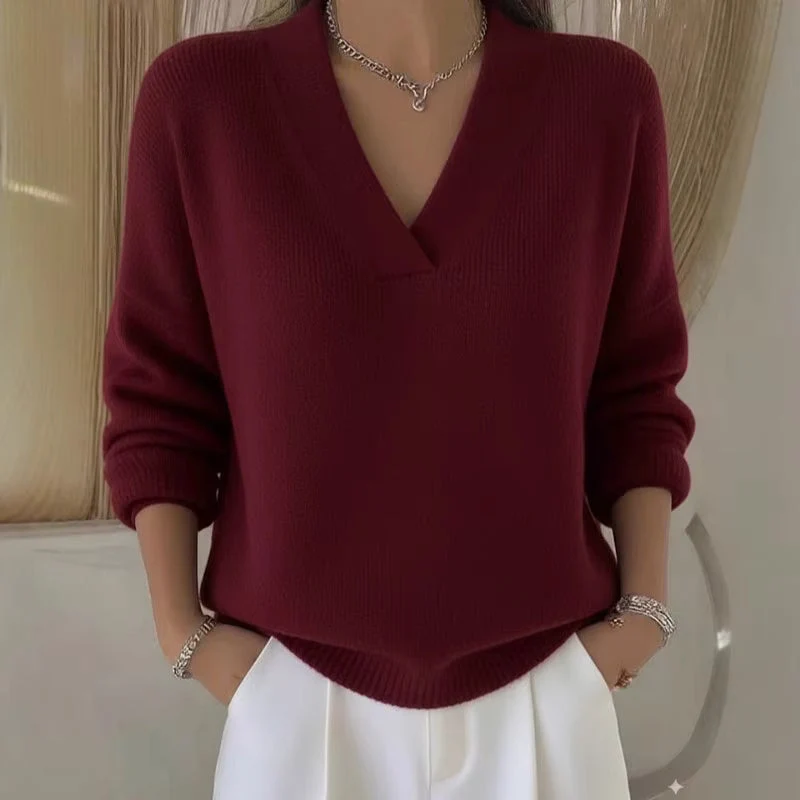 Pull femme à col V côtelé