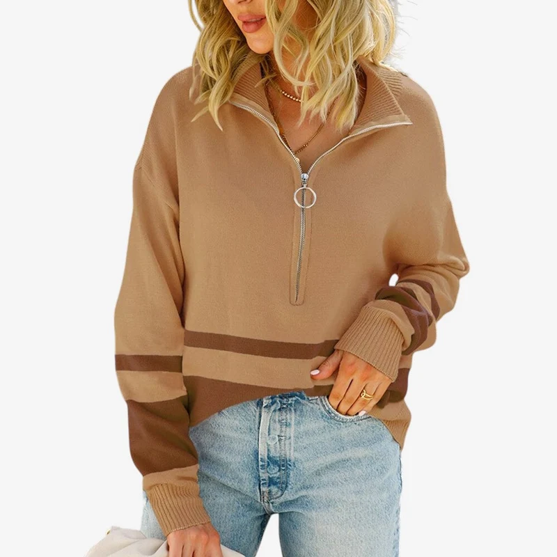 Pull femme côtelé à demi-zip