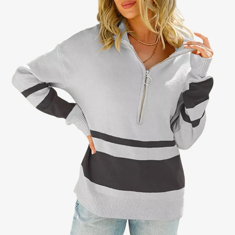 Pull femme côtelé à demi-zip
