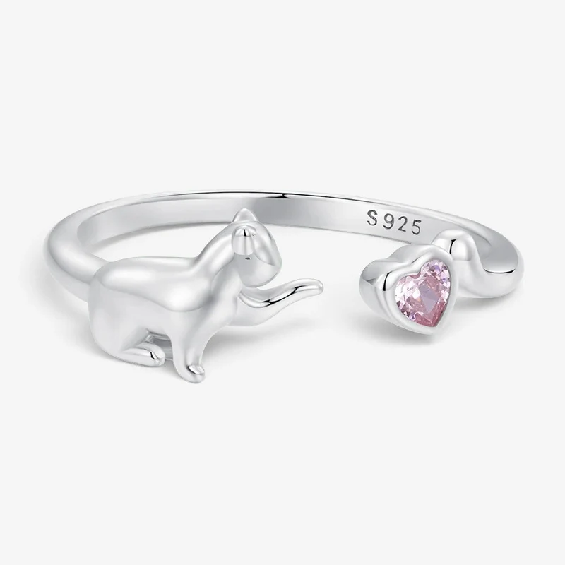 Bague femme ouverte avec chat et cœur