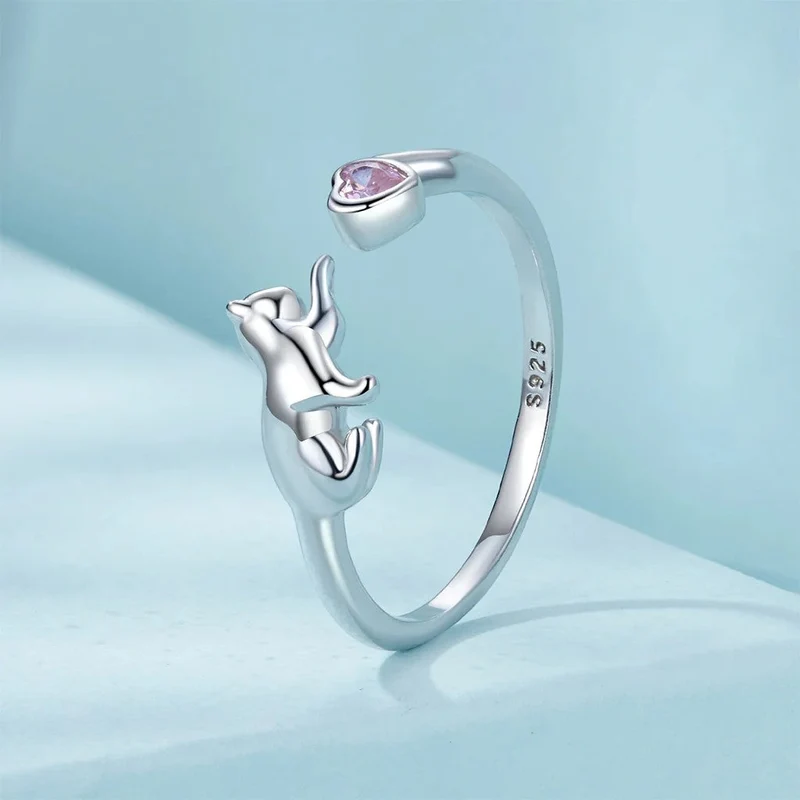 Bague femme ouverte avec chat et cœur