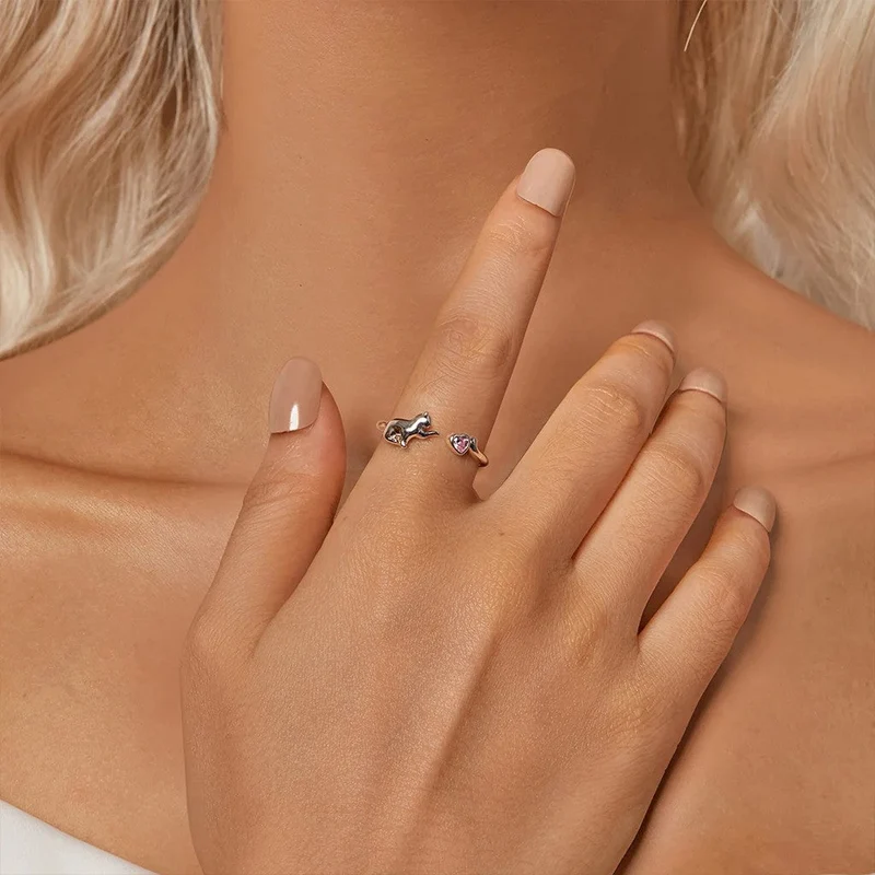 Bague femme ouverte avec chat et cœur
