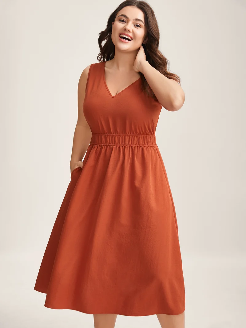 Stretchy Waist Solid Pockets Midi Dress