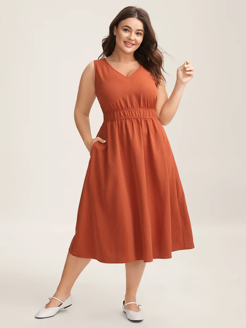 Stretchy Waist Solid Pockets Midi Dress