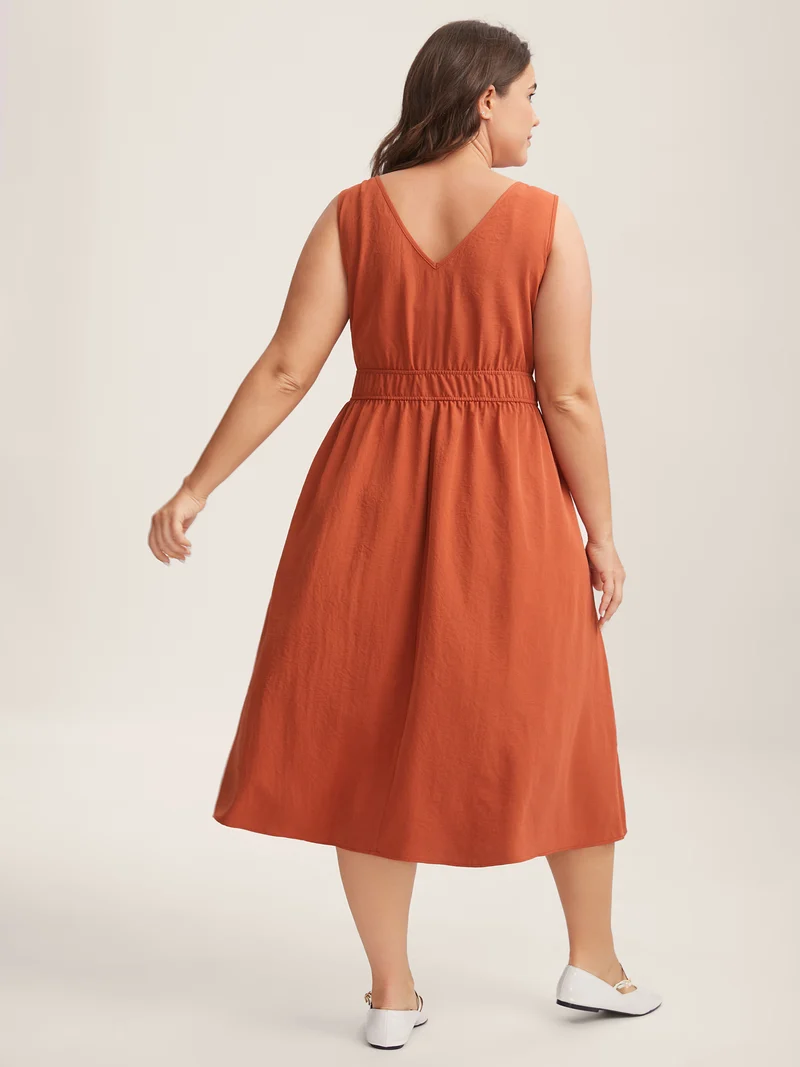 Stretchy Waist Solid Pockets Midi Dress