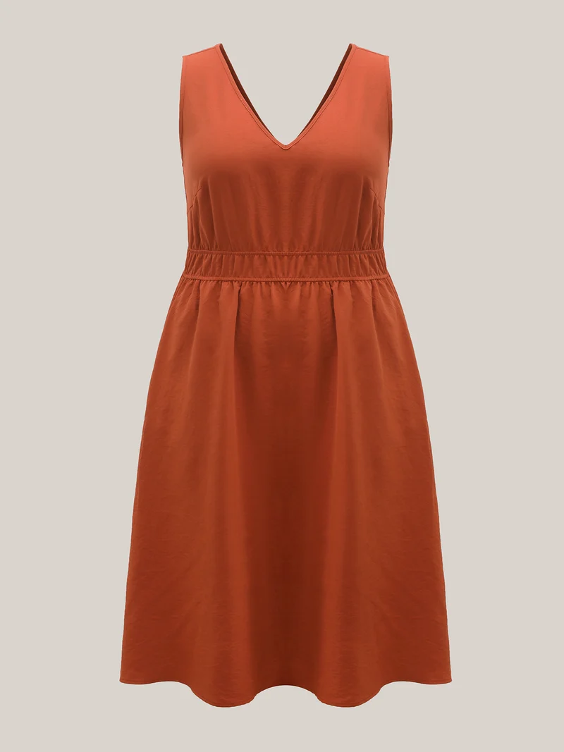Stretchy Waist Solid Pockets Midi Dress