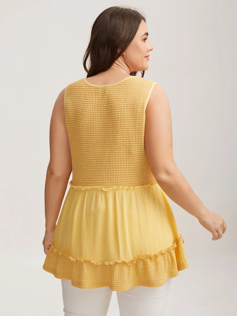 Waffle Grid Spliced Ruffled Tank Top