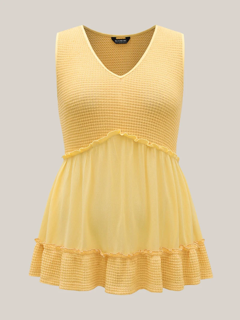 Waffle Grid Spliced Ruffled Tank Top