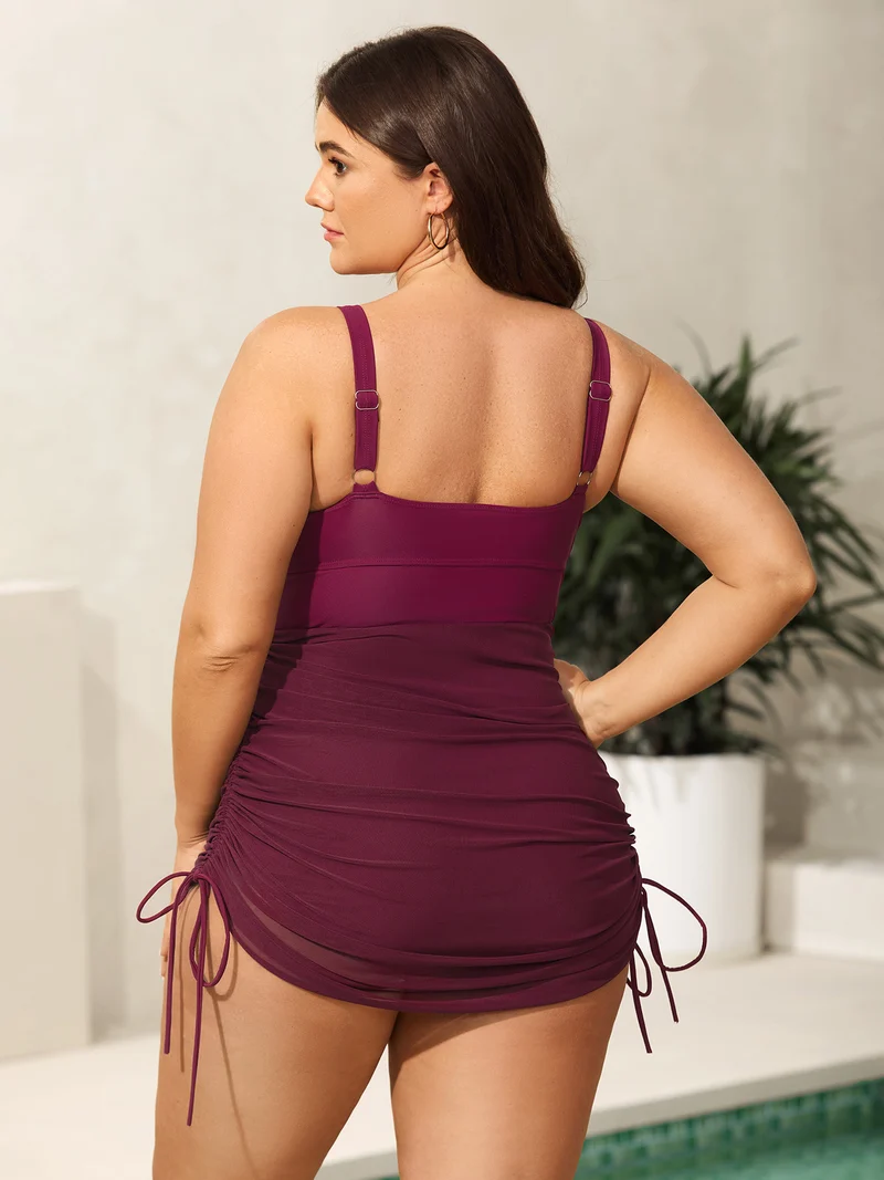 Ruched Mesh Adjustable Drawstring Swim Dress