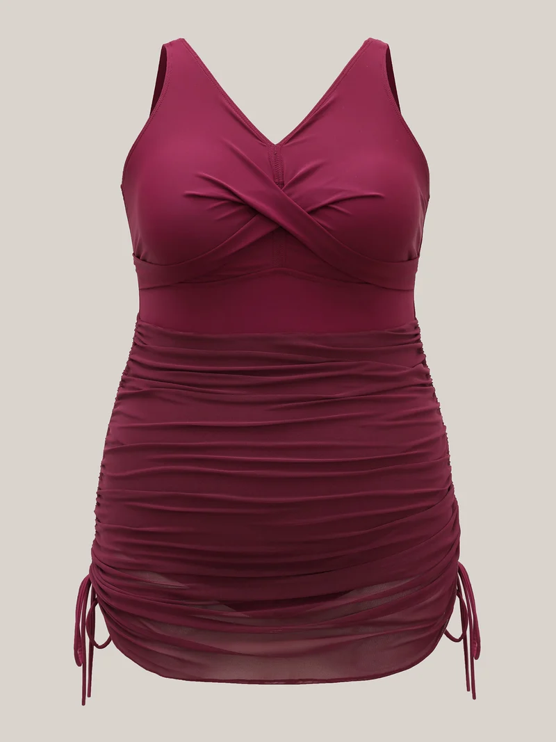 Ruched Mesh Adjustable Drawstring Swim Dress
