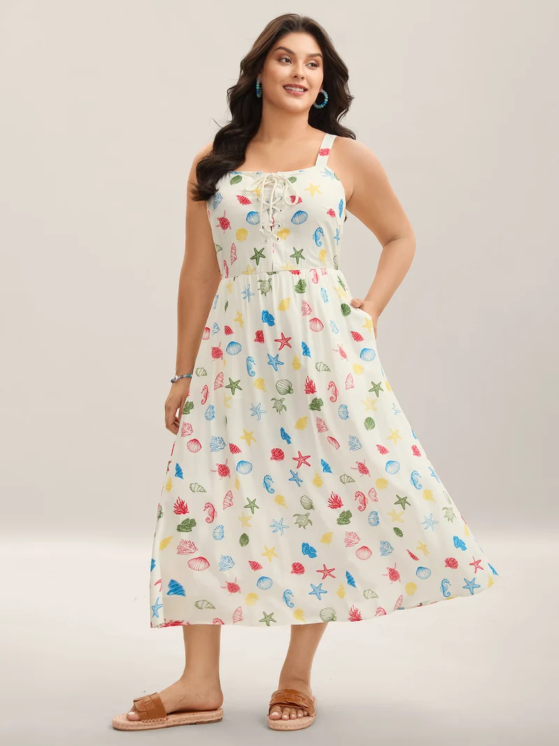 Ocean Print Adjustable Straps Pockets Midi Dress