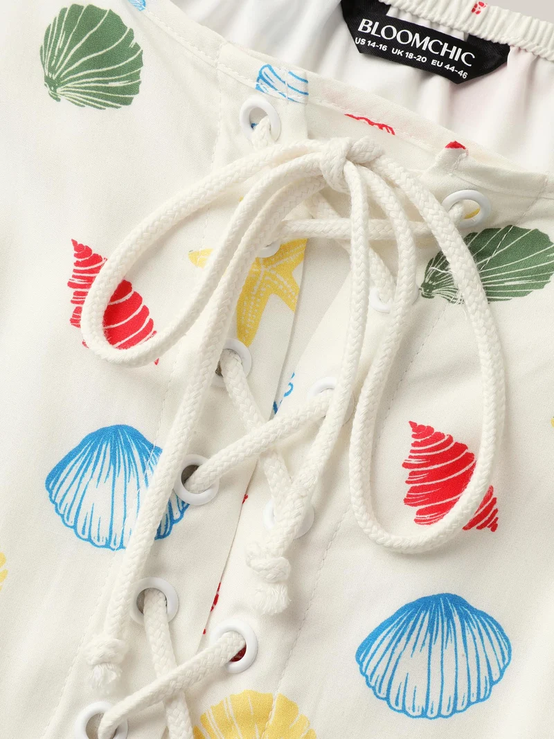 Ocean Print Adjustable Straps Pockets Midi Dress