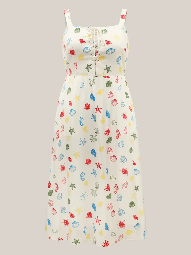 Ocean Print Adjustable Straps Pockets Midi Dress