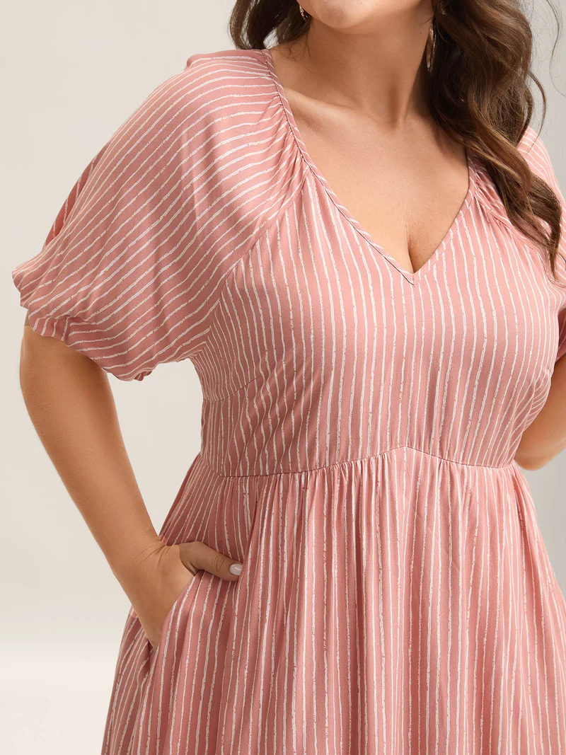 Rayon Stripe Print Puff Sleeve A-Line Dress
