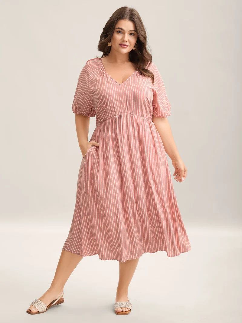 Rayon Stripe Print Puff Sleeve A-Line Dress