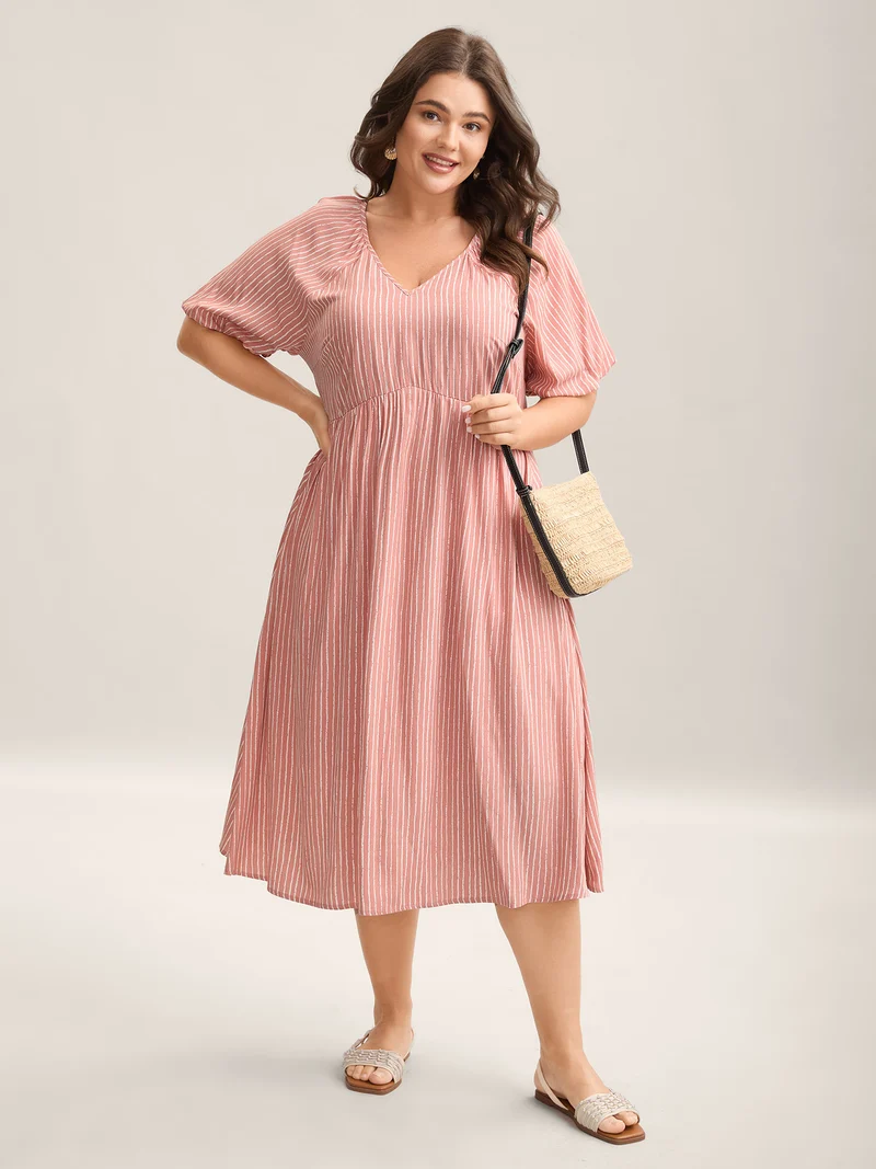 Rayon Stripe Print Puff Sleeve A-Line Dress