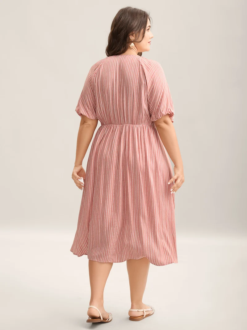Rayon Stripe Print Puff Sleeve A-Line Dress