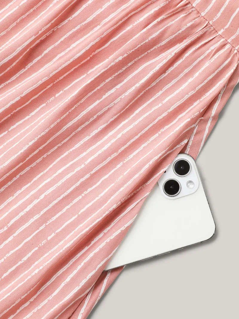 Rayon Stripe Print Puff Sleeve A-Line Dress