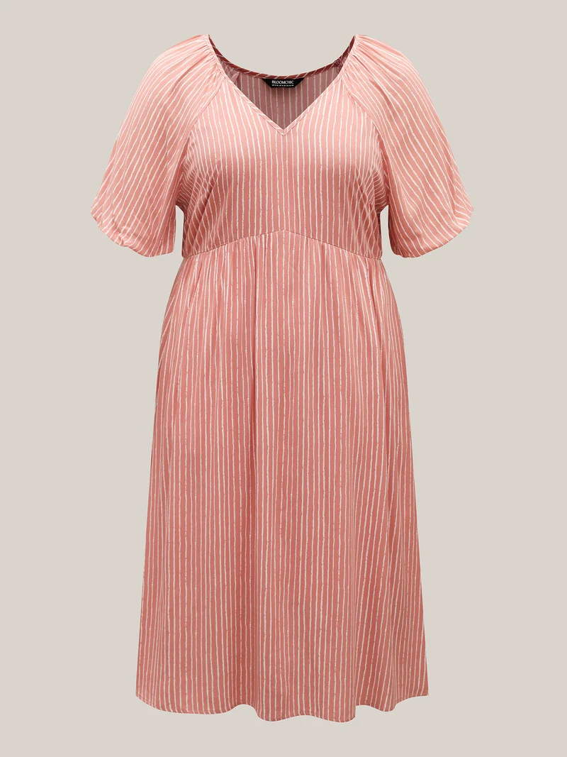 Rayon Stripe Print Puff Sleeve A-Line Dress