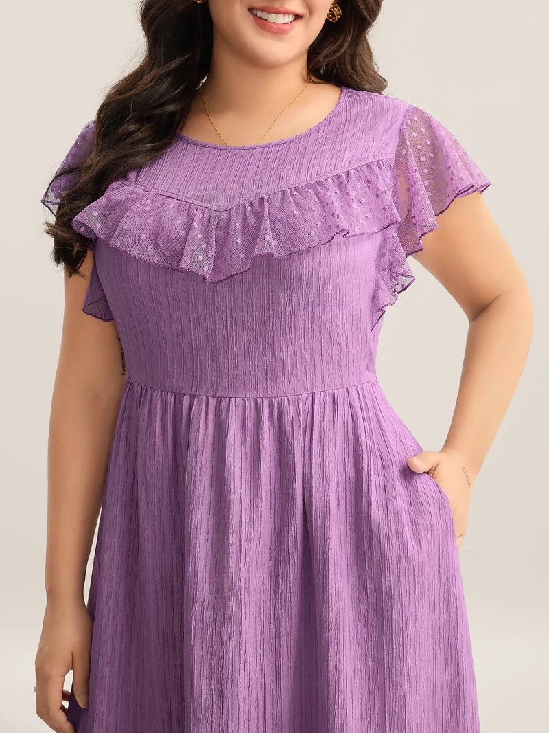 Textured Ruffled Detail Pockets Midi Dress
