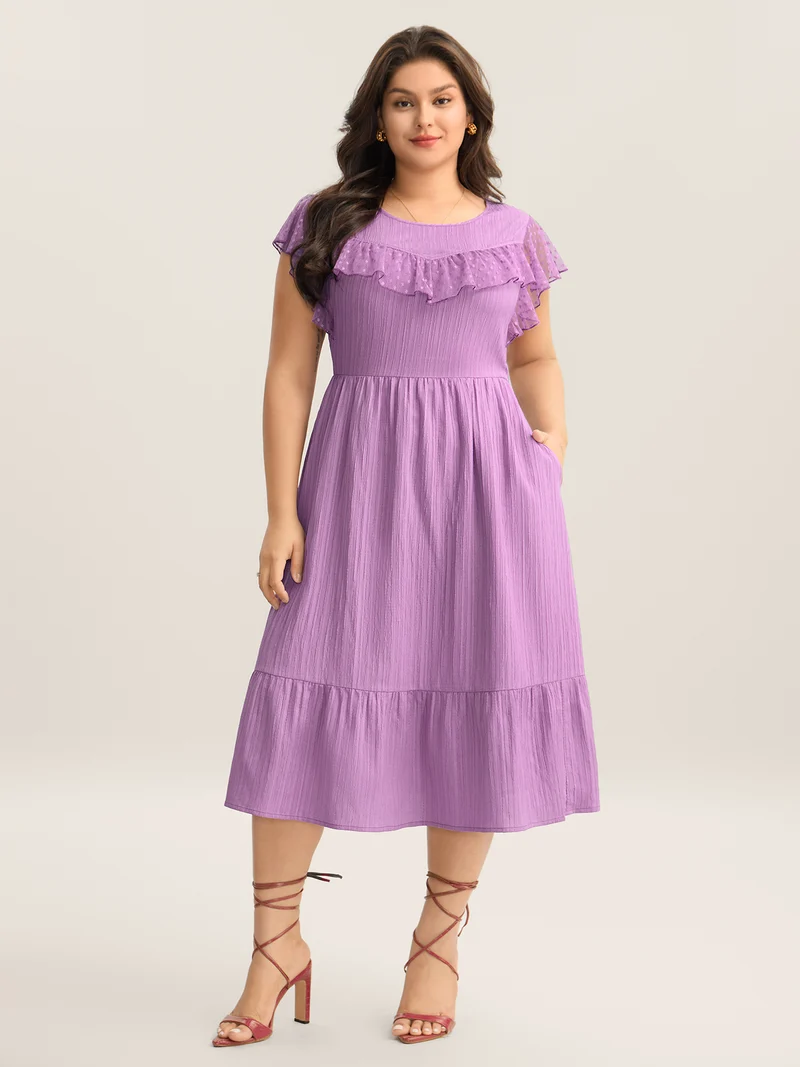 Textured Ruffled Detail Pockets Midi Dress