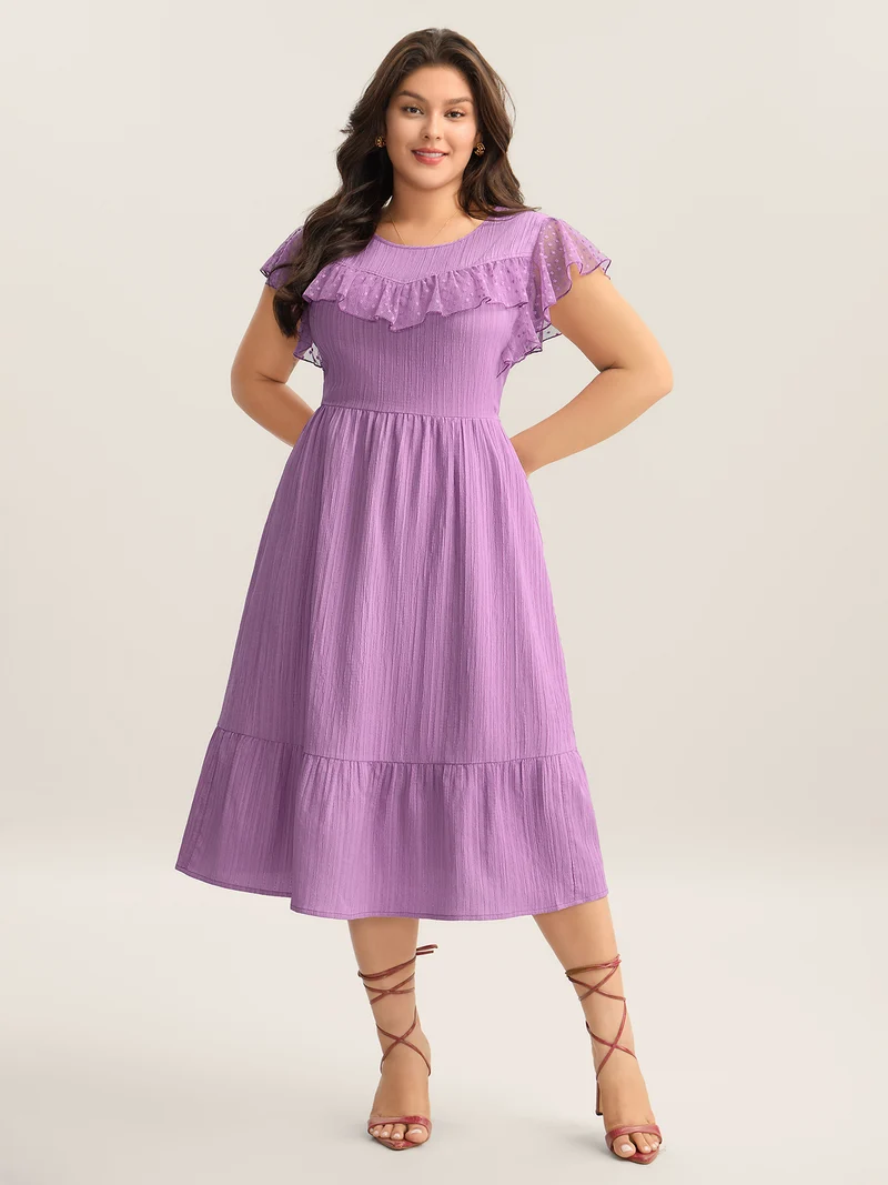 Textured Ruffled Detail Pockets Midi Dress
