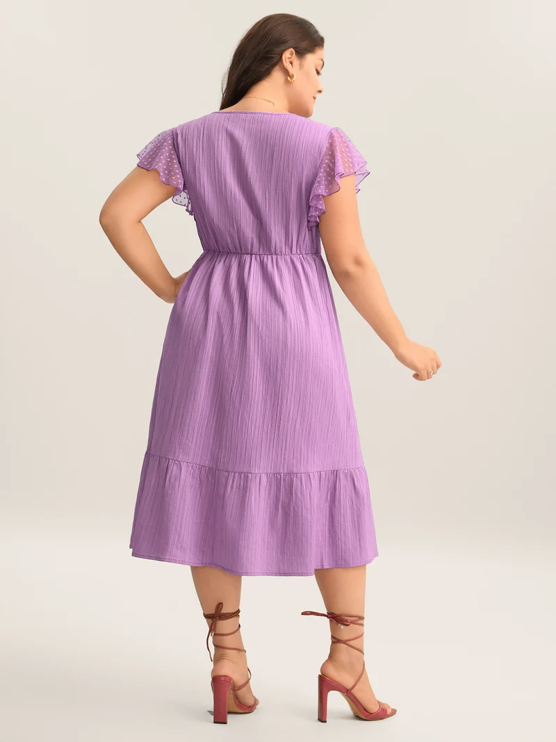 Textured Ruffled Detail Pockets Midi Dress