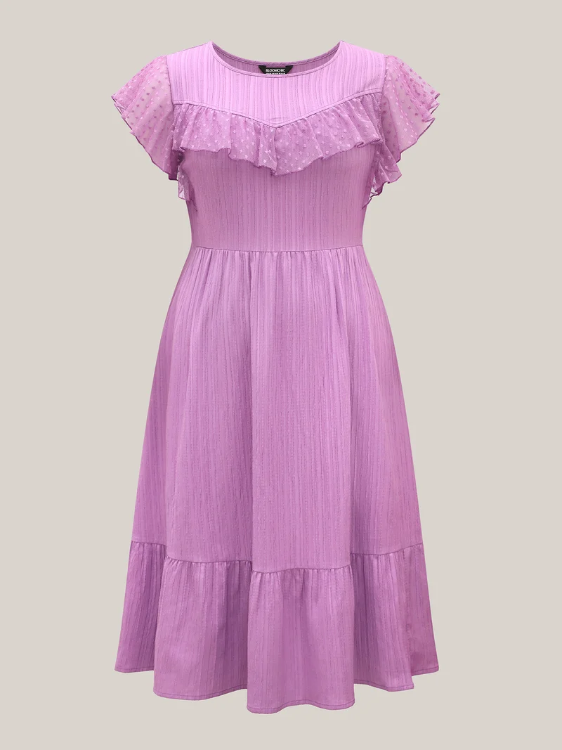 Textured Ruffled Detail Pockets Midi Dress